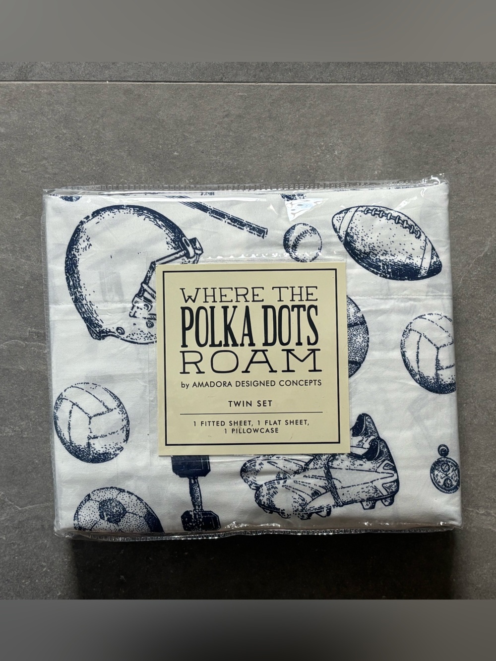 White and Navy Sports Print Sheet Set